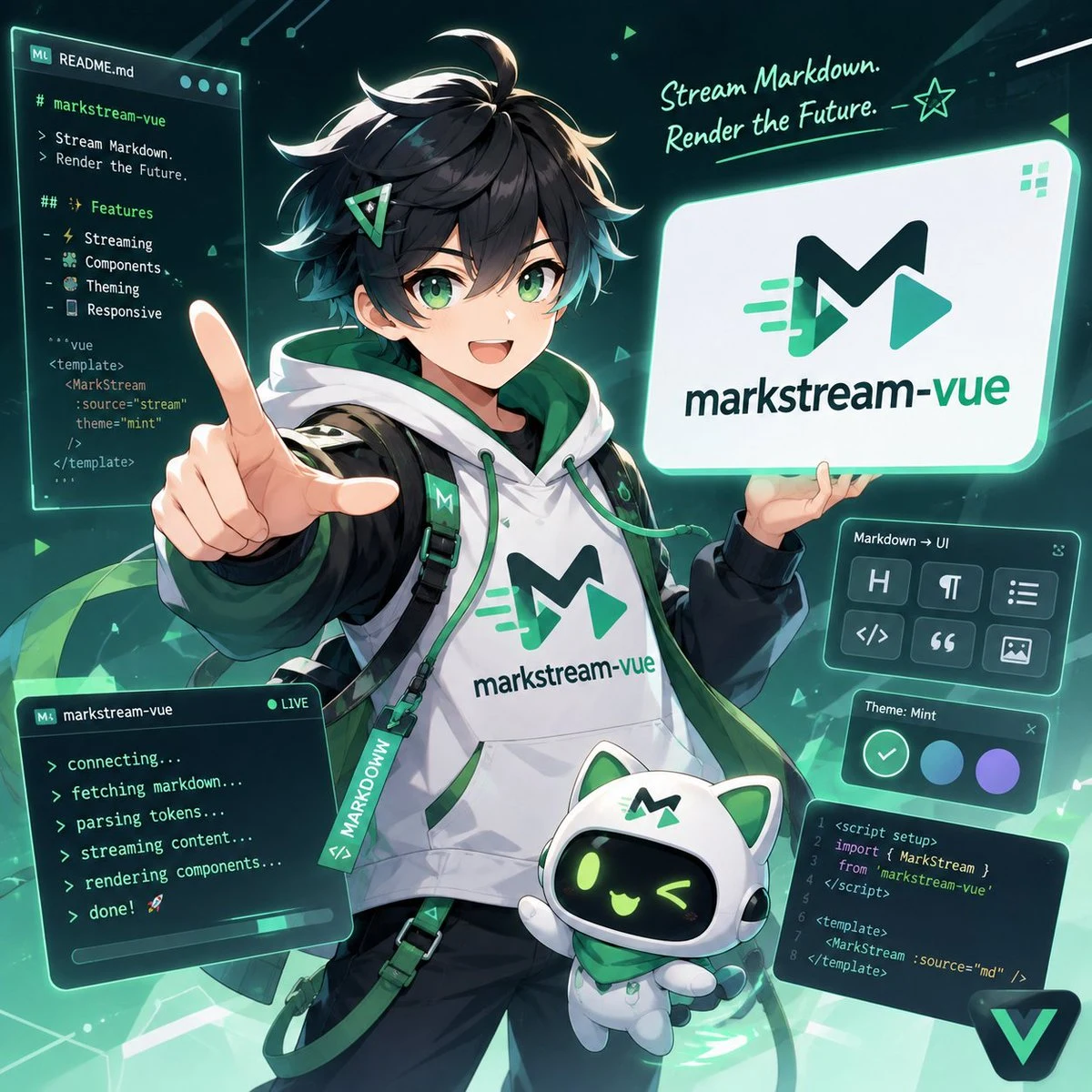markstream-vue streaming Markdown playground illustration